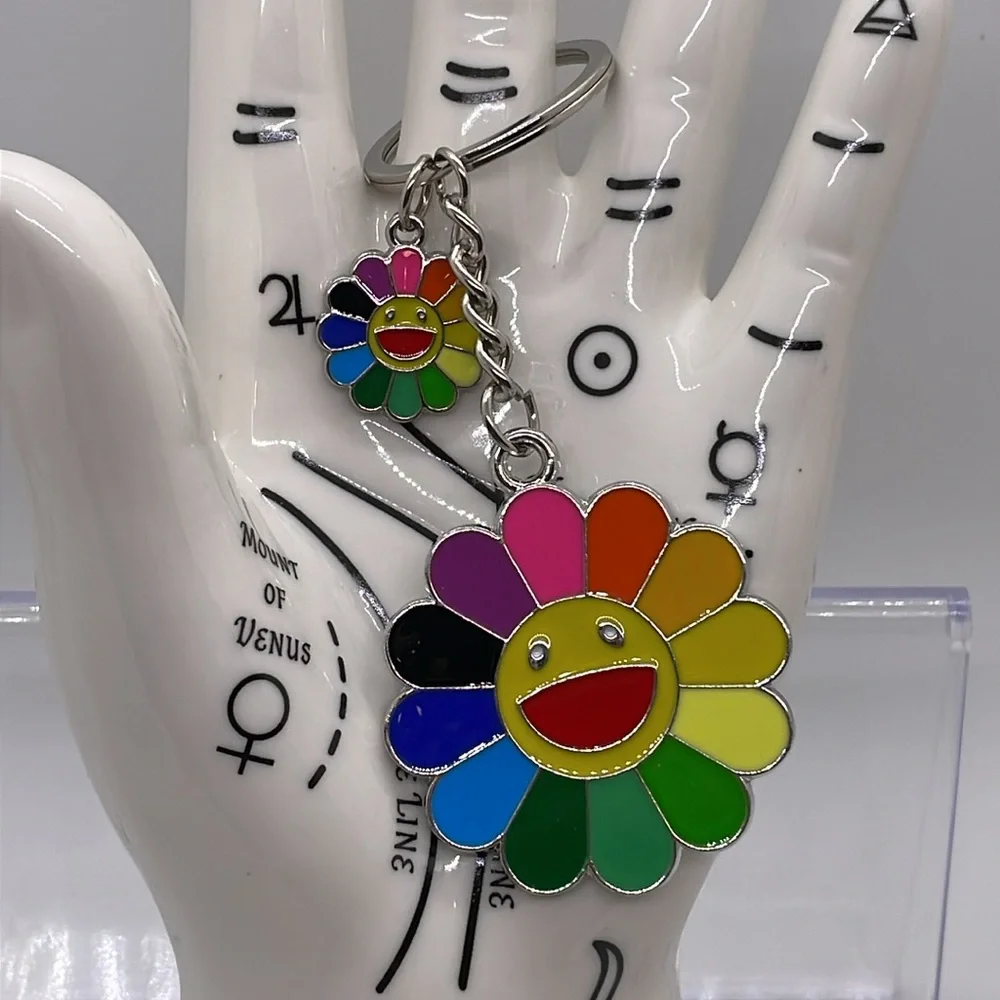 Happy Smiley Face Rainbow Flower Keychain Double Charm - Picture 3 of 4